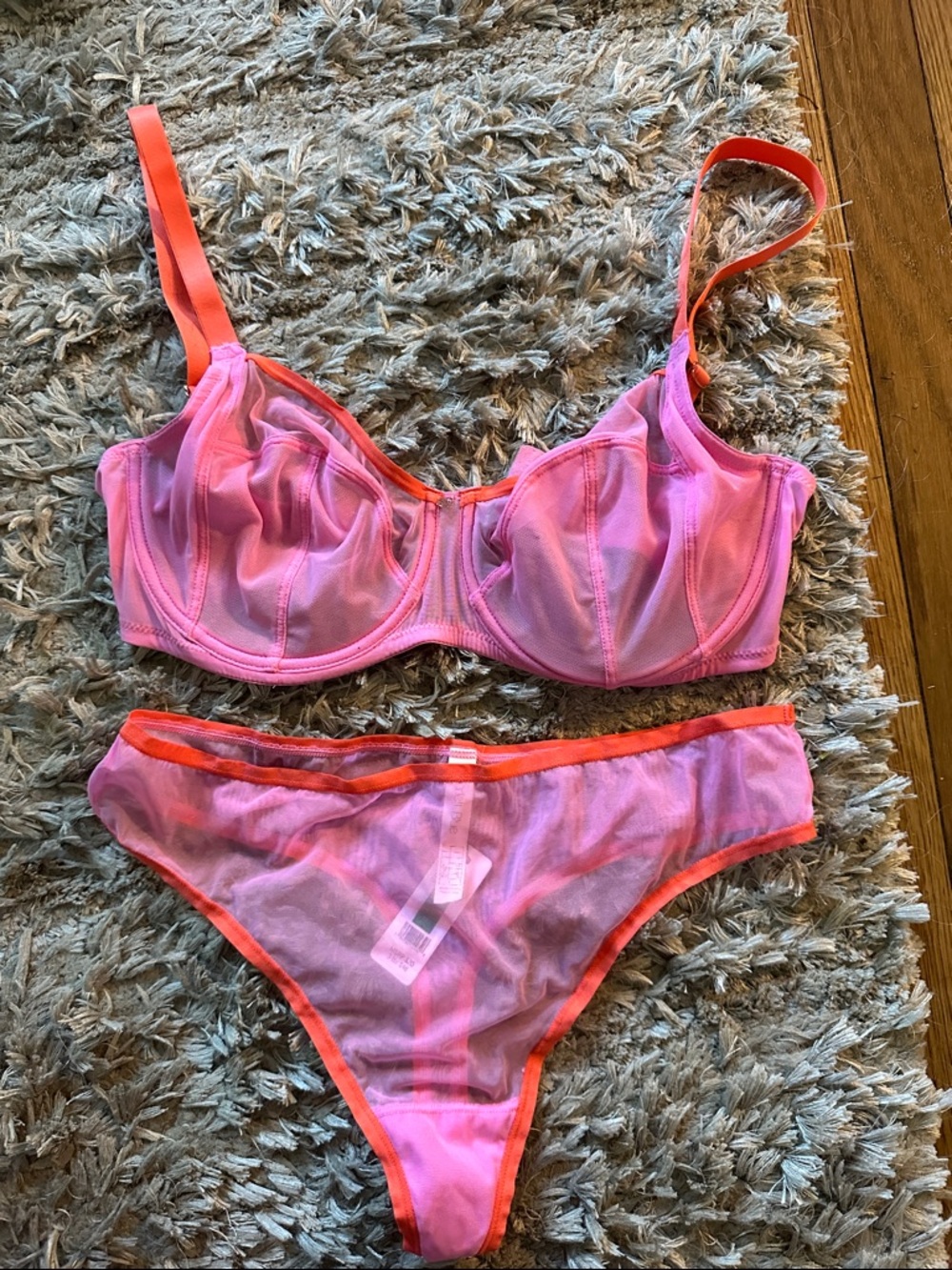 Skarlett Blue Pink Sheer Mesh Bra & Bikini Set with Neon Orange Trim